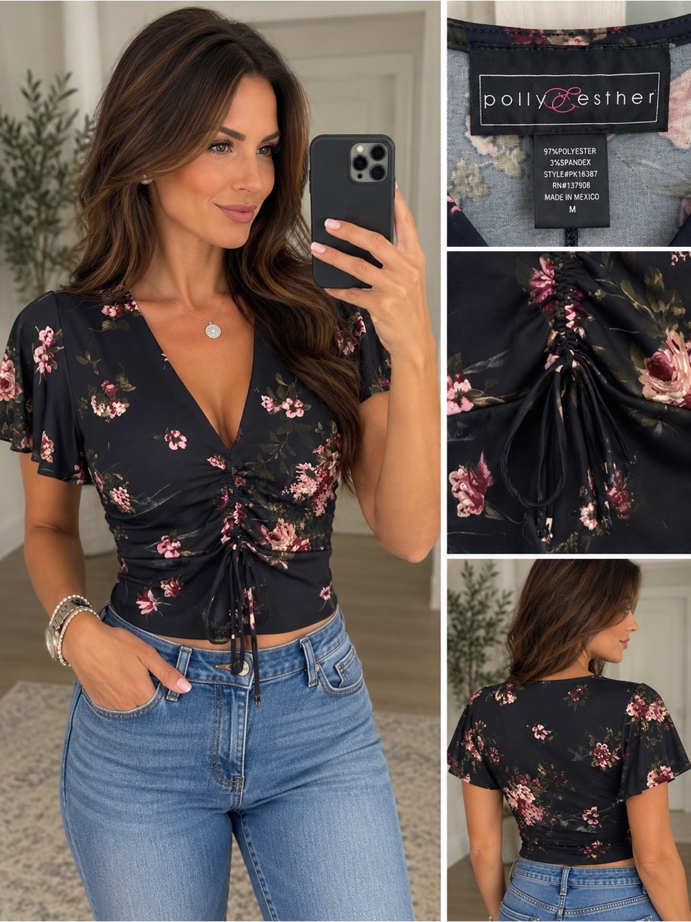 Polly & Esther Black Floral Ruched V-Neck Crop Top